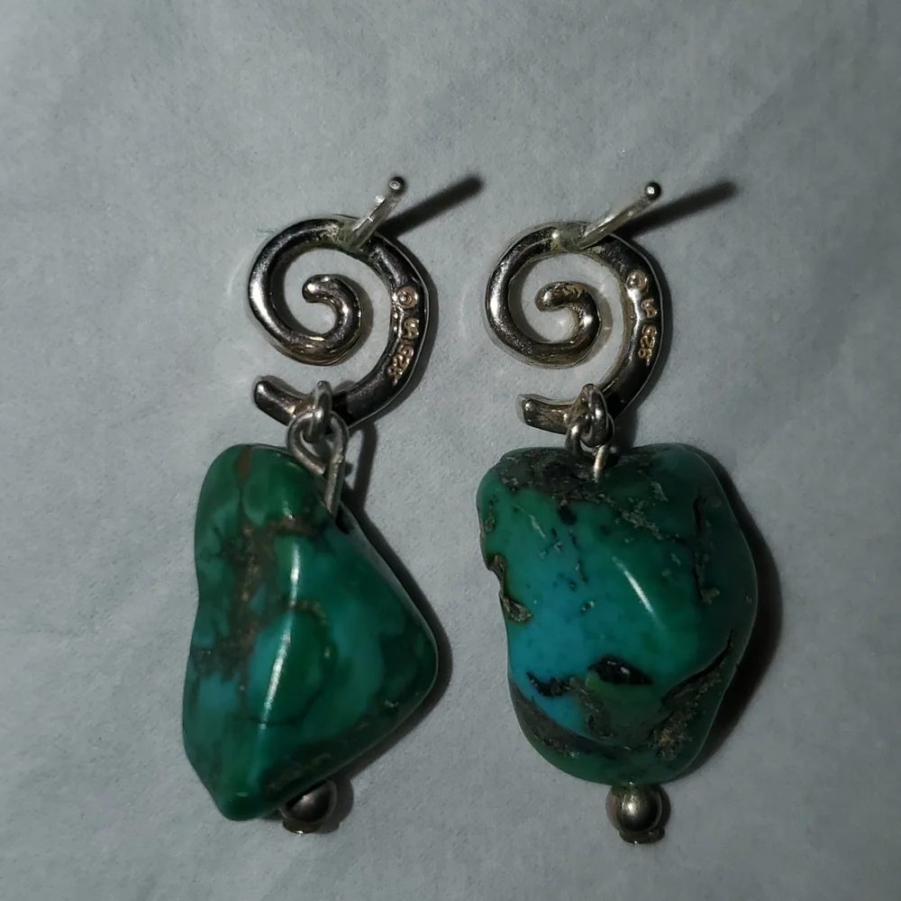 925 Sterling Silver Turquoise Nugget Dangle Earrings Southwest Boho Scroll (EUC)